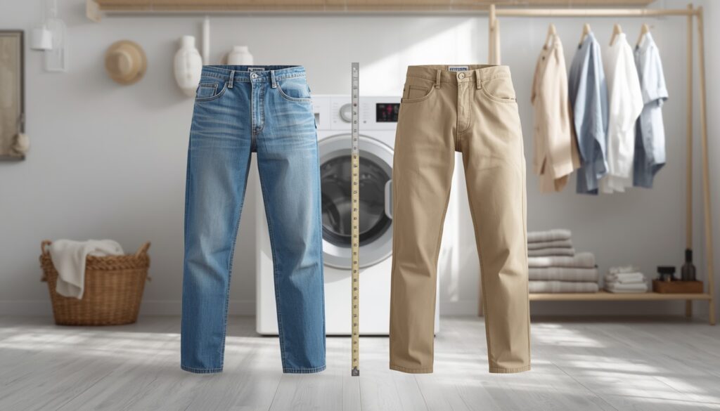 why do pants shrink after washing shown with blue jeans and khaki pants hanging beside a measuring ruler in a laundry room.
