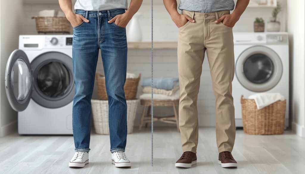 why do pants shrink after washing shown with blue jeans and khaki pants in a laundry room for a fabric shrinkage comparison.