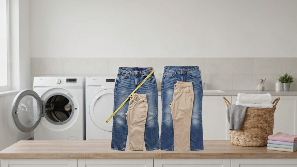 why do pants shrink after washing shown with blue jeans and khaki pants measured in a laundry room for a shrinkage comparison.