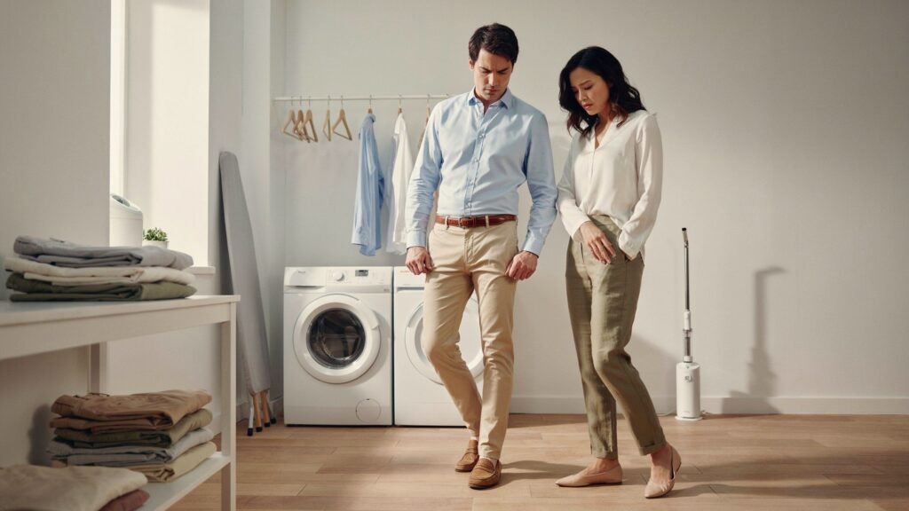 Couple inspecting wrinkled pants in a laundry room to understand Why do pants wrinkle so easily after washing and how proper fabric care helps reduce wrinkles.