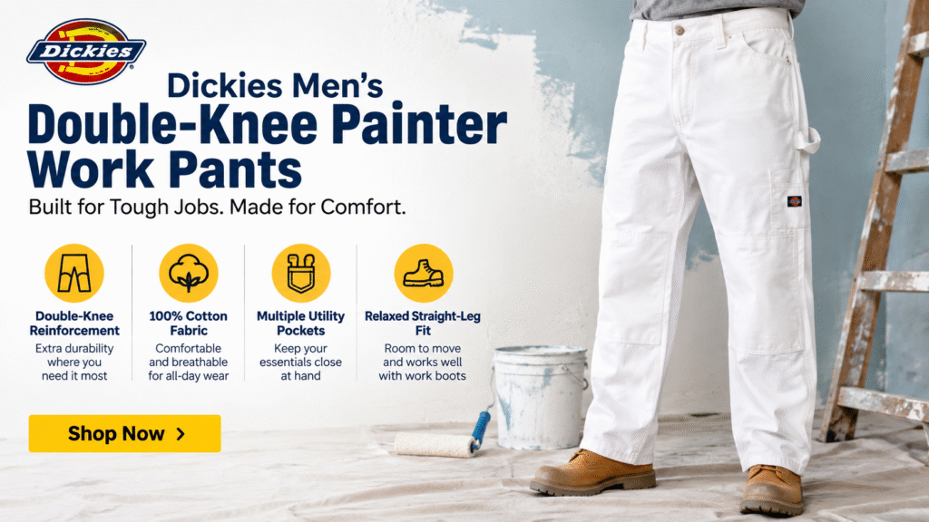 Best Painter Pants for Men featuring durable double-knee work pants with utility pockets and a relaxed straight-leg fit.