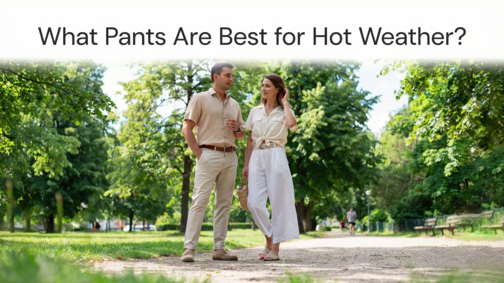 What pants are best for hot weather shown with a man and woman wearing lightweight linen and cotton pants for cool, breathable comfort in summer.