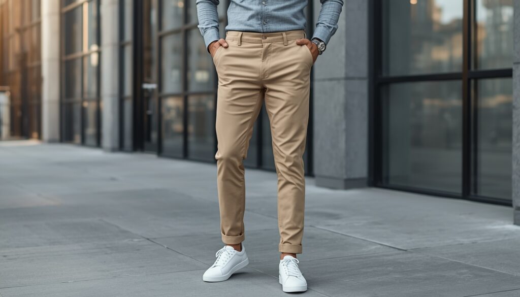 Best tapered pants for men styled with a casual shirt and white sneakers