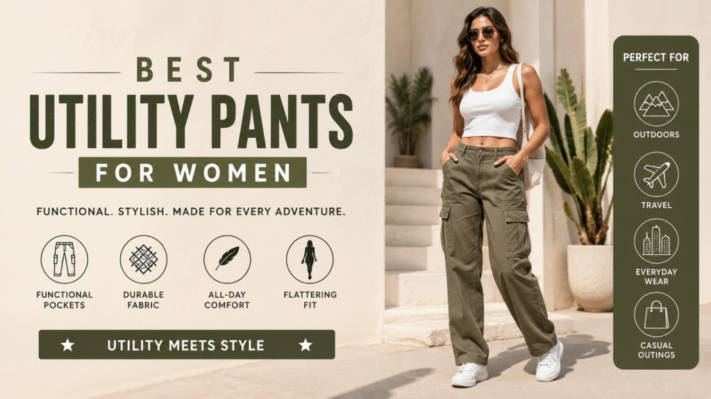 Best Utility Pants for Women featuring functional pockets, durable fabric, and a comfortable fit for travel and everyday wear.