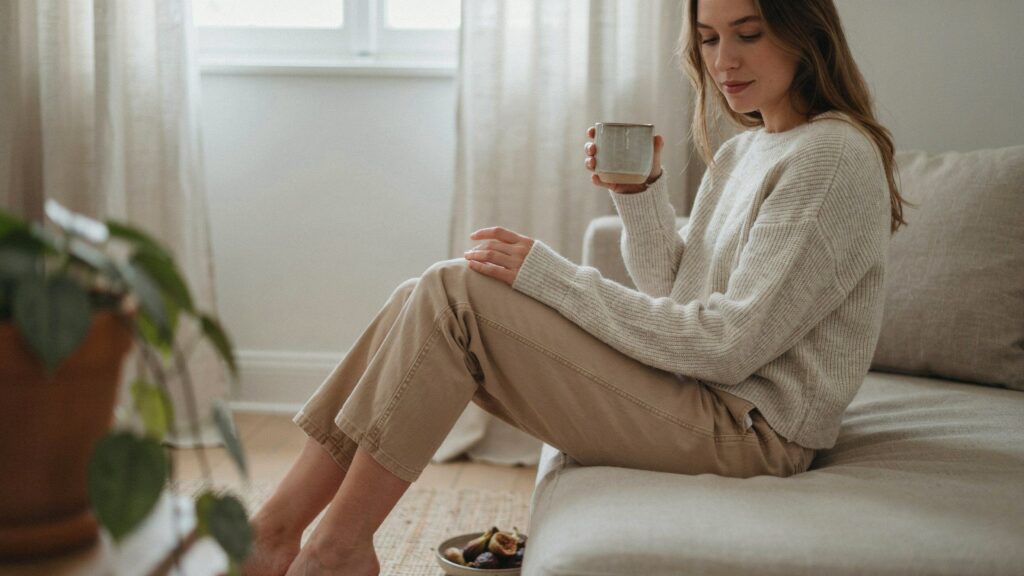 Why cotton pants are comfortable, showing a woman relaxing at home in soft beige cotton pants.