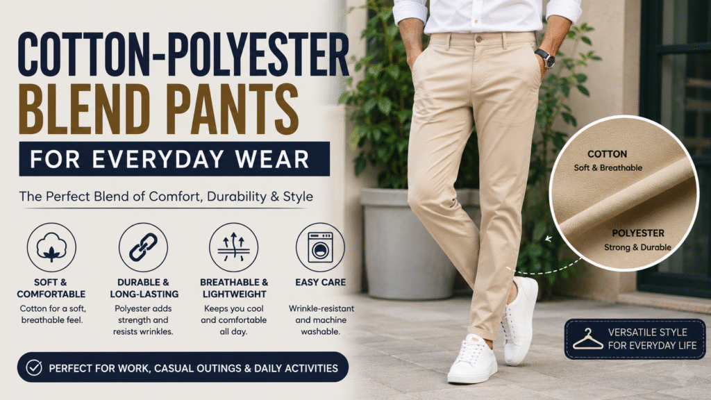 Cotton-polyester blend pants for everyday wear featuring a comfortable, breathable, durable fabric blend suitable for work and casual activities.