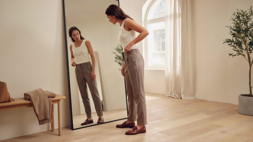 How to tell if pants fit correctly, with a woman checking the waist, hips, and leg fit of brown pants in a full-length mirror.