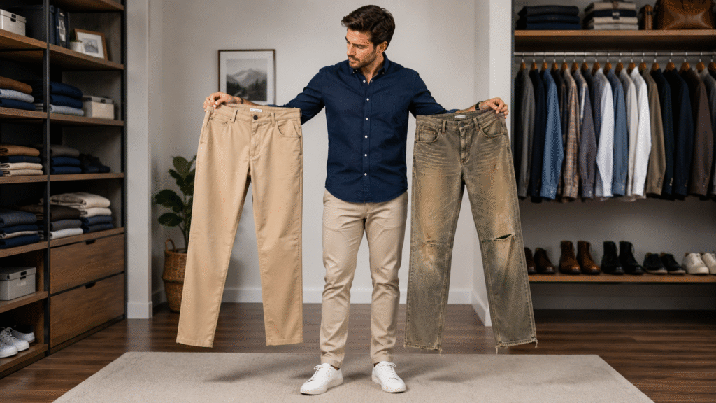 How Long Should Men’s Pants Last – man comparing a new pair of men's pants with a worn-out pair to evaluate durability, fabric quality, and signs that it's time to replace old pants.