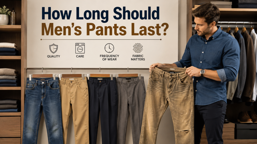 Man inspecting a worn pair of jeans beside new pants, explaining How Long Should Men’s Pants Last based on fabric quality, care, and frequency of wear.