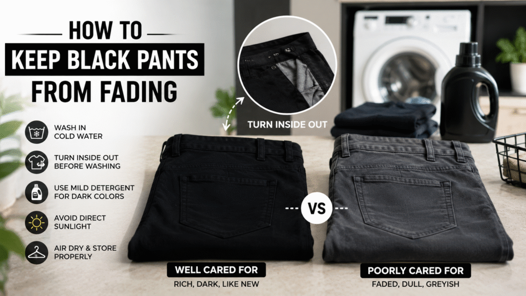 How to keep black pants from fading with cold-water washing, turning pants inside out, mild detergent, and proper air drying.

Select 72 more words to run Humanizer.