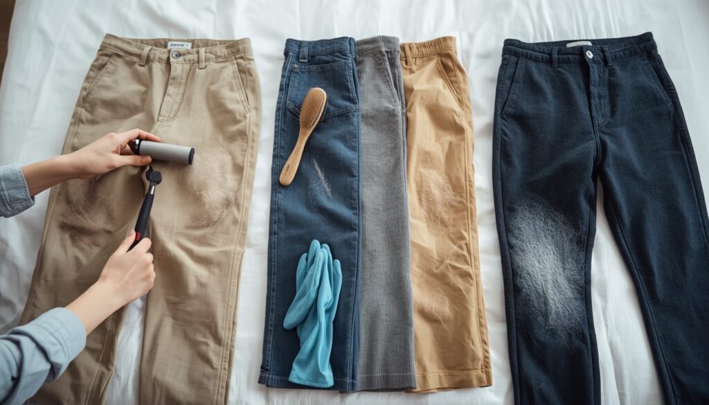 How to remove pet hair from pants using a lint roller and clothing brush to clean different fabrics.