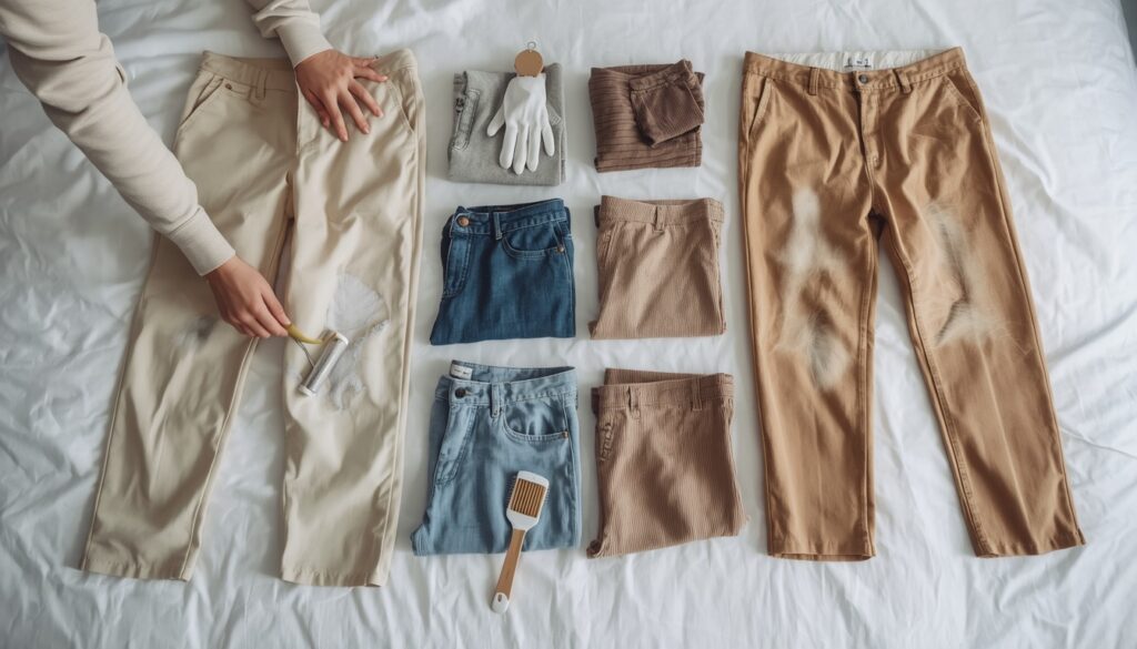 How to remove pet hair from pants using a clothing brush and lint-removal tools on different fabrics.