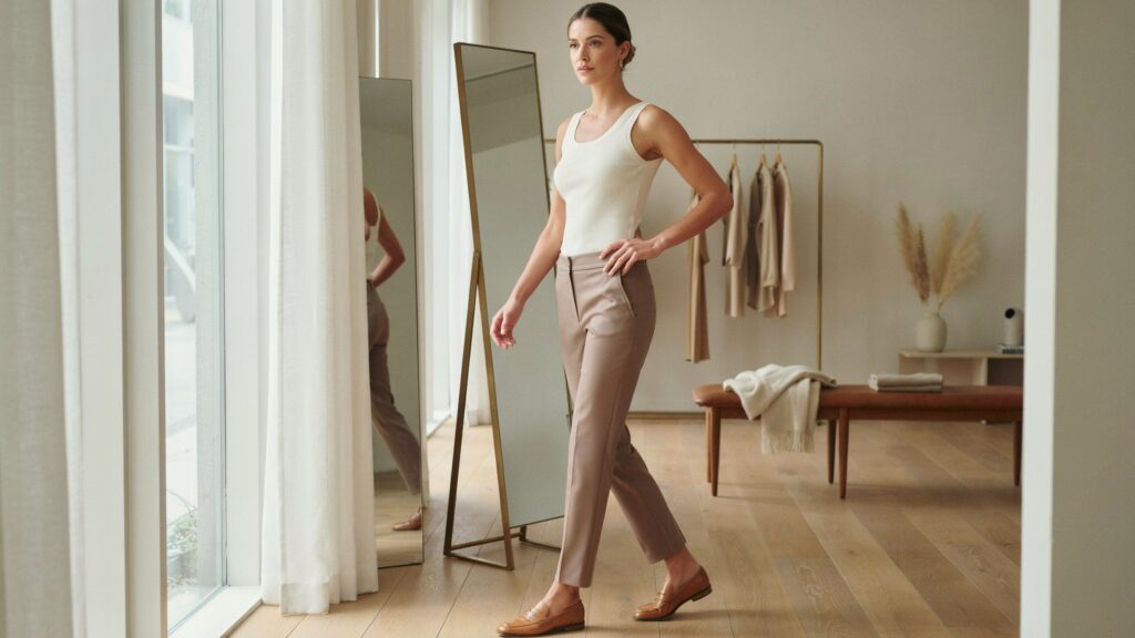 How to tell if pants fit correctly, with a woman checking the fit of beige trousers in a full-length mirror.