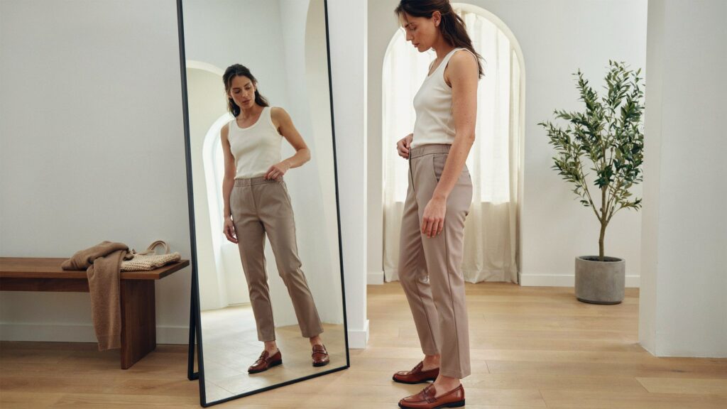 How to tell if pants fit correctly, with a woman checking the fit of beige pants in a full-length mirror.