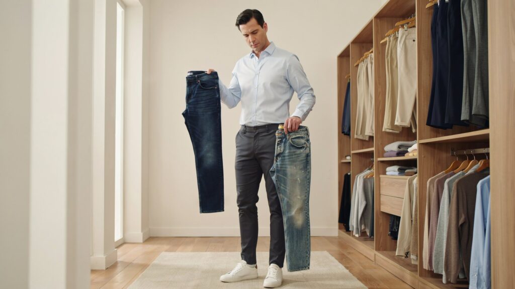 Man comparing new and worn jeans to learn How Long Should Men’s Pants Last and identify durable pants that provide long-lasting everyday performance.