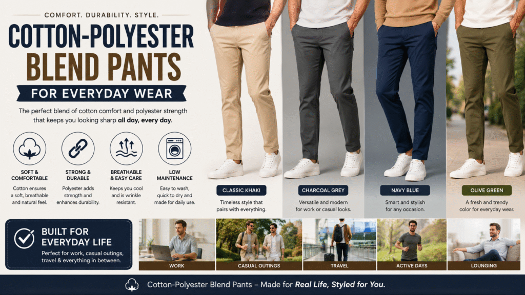 Cotton-polyester blend pants for everyday wear in khaki, charcoal, navy, and olive green styles for work, travel, and casual activities.