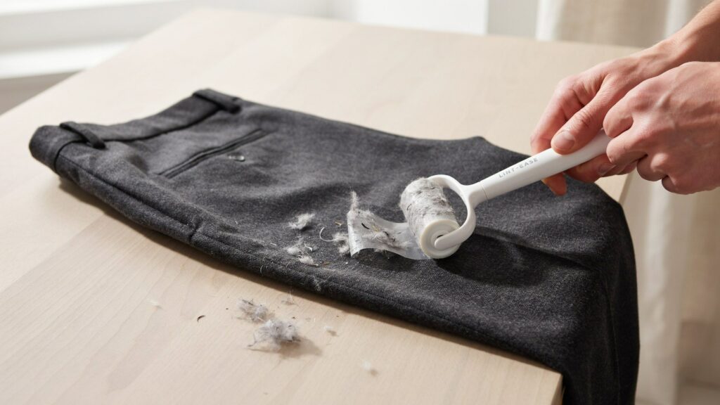 How to remove lint from pants using a lint roller to clean visible lint and fuzz from dark fabric.