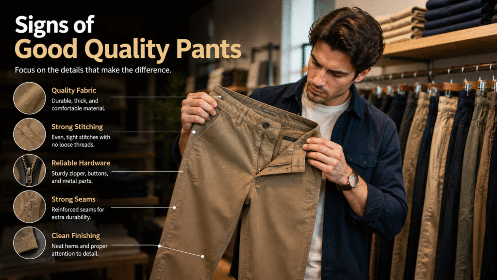 Signs of good-quality pants – shopper inspecting pants to evaluate premium fabric, strong stitching, durable hardware, reinforced seams, clean finishing, and overall craftsmanship before purchasing.