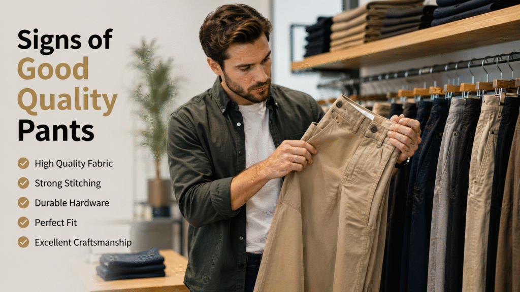 Signs of good-quality pants – man inspecting a pair of pants in a clothing store to check fabric quality, stitching, durability, craftsmanship, and overall construction before buying.