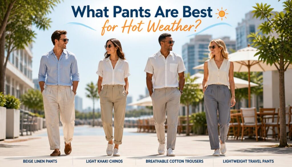 What pants are best for hot weather comparison showing beige linen pants, light khaki chinos, breathable cotton trousers, and lightweight travel pants for staying cool and comfortable in summer.