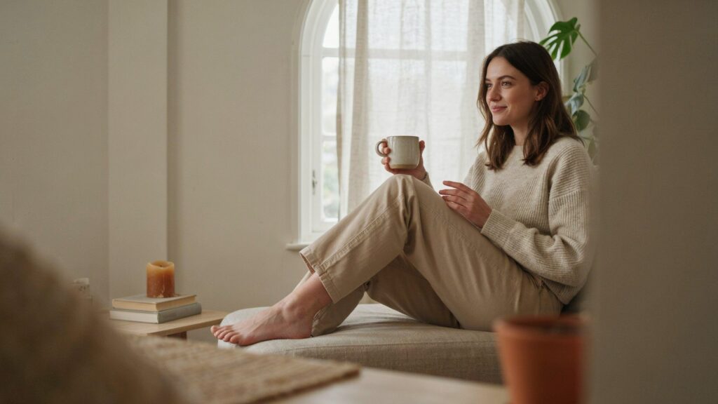 Why cotton pants are comfortable, featuring a woman relaxing at home in soft beige cotton pants.