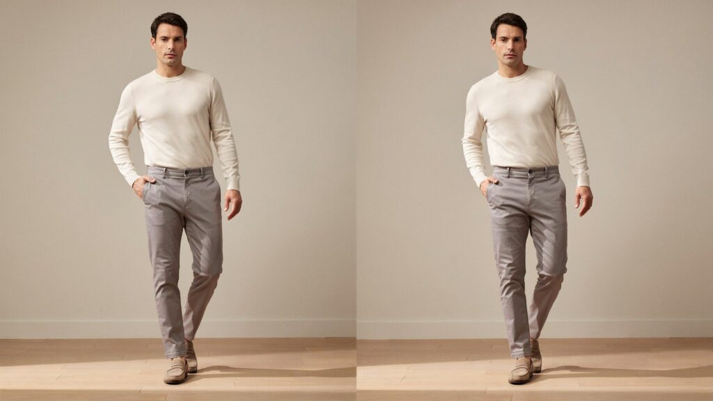 Man wearing gray pants illustrating why pants stretch out after wearing.
