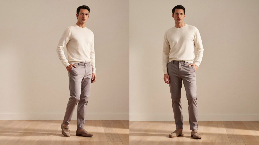 Man wearing gray pants in different poses illustrating why pants stretch out after wearing.