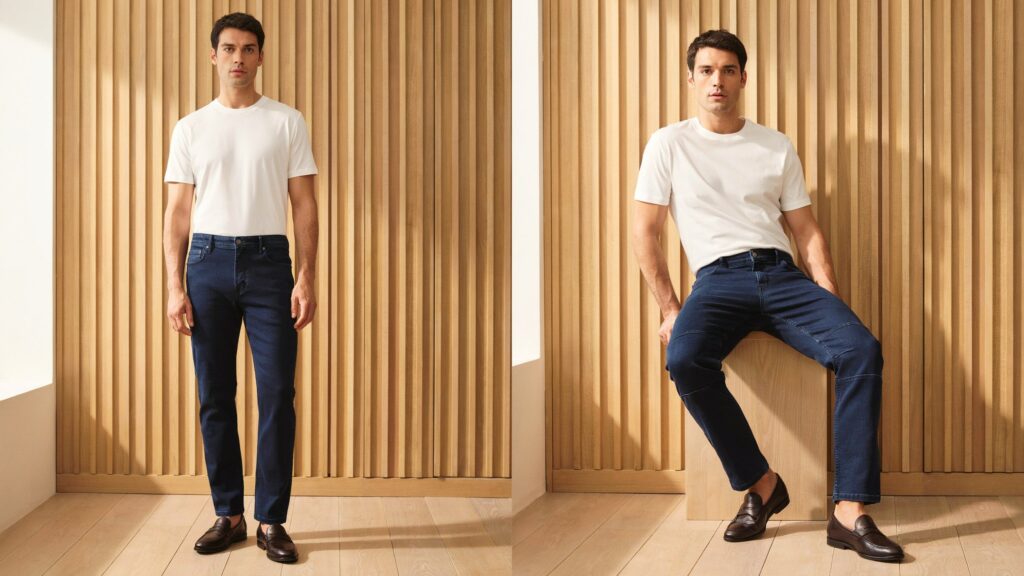 Man standing and sitting in dark blue pants illustrating why pants stretch out after wearing.