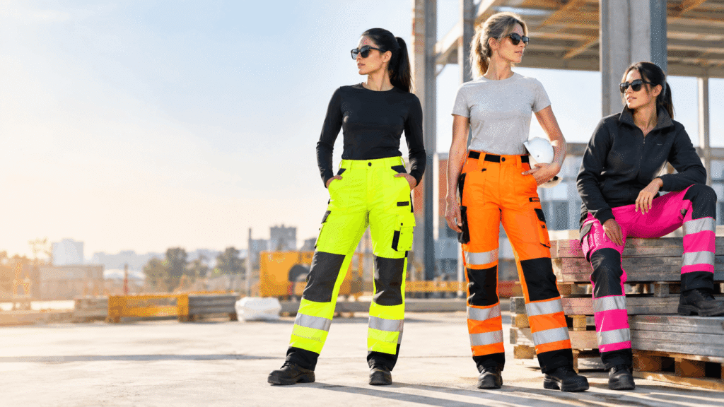 Women wearing the Best Hi-Vis Pants for Women with reflective safety bands at a construction site.