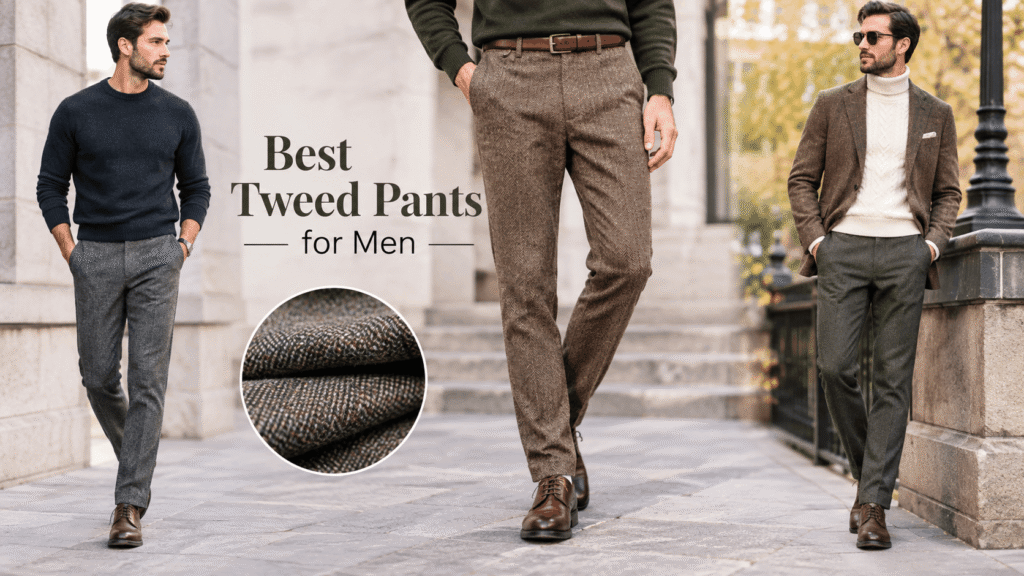 Men wearing Best Tweed Pants for Men in classic textured styles for smart casual outfits.