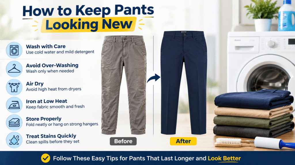 How to keep pants looking new with proper washing, drying, stain care, and storage tips
