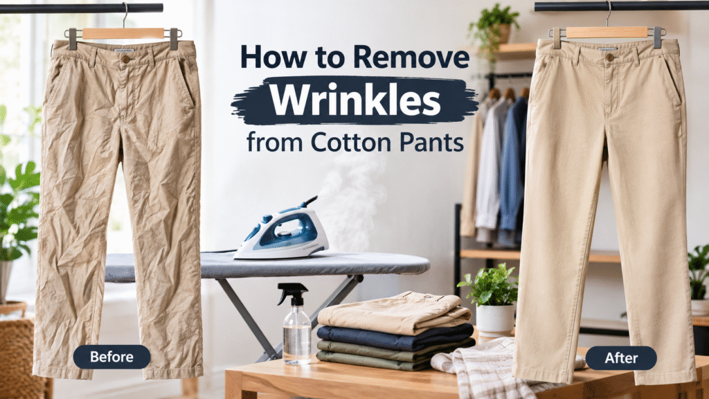 How to remove wrinkles from cotton pants using an iron and steam for a smooth finish.