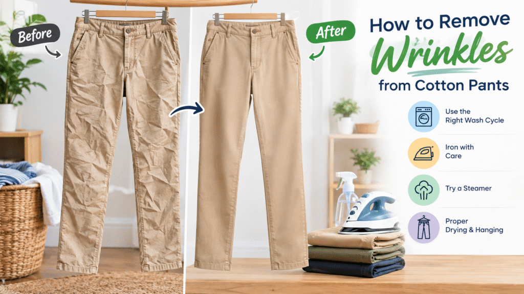 How to remove wrinkles from cotton pants using proper washing, ironing, steaming, drying, and hanging methods.