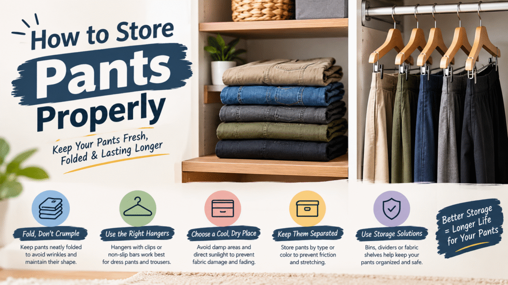 How to store pants properly using folded and hanging pants in an organized closet