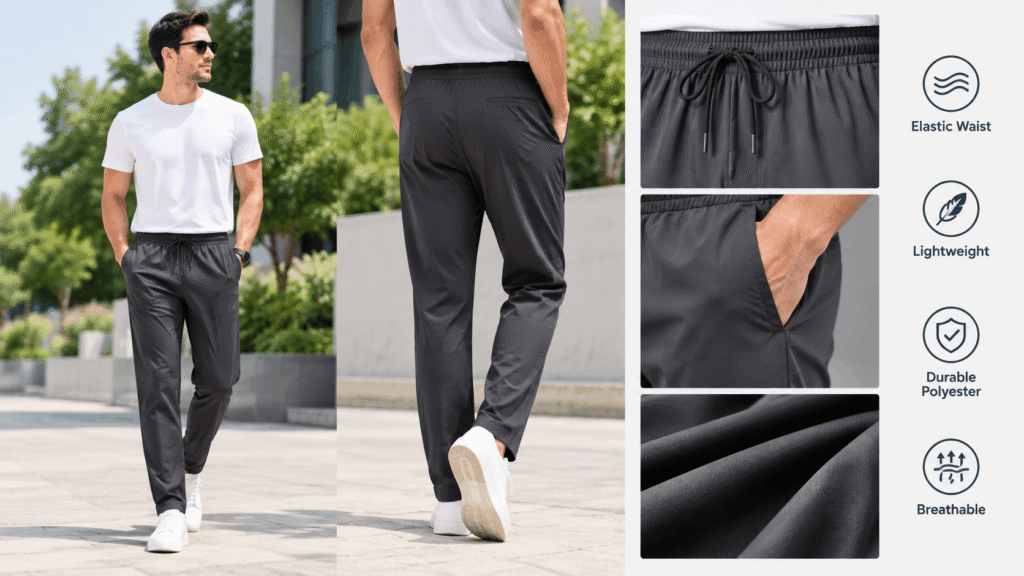 Men's polyester pants with elastic waist shown in a comfortable everyday fit