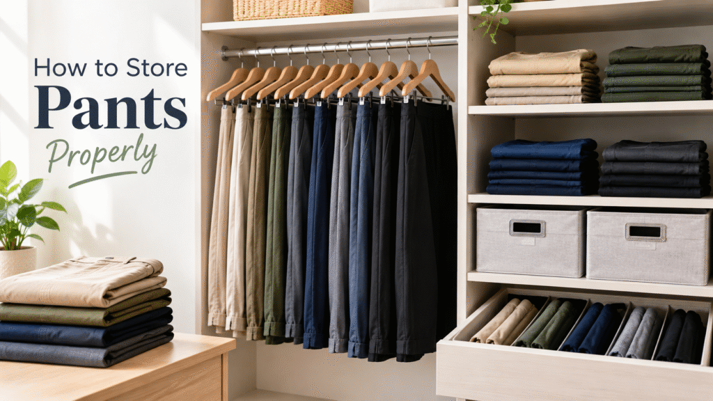 How to store pants properly with neatly hung and folded pants in an organized wardrobe