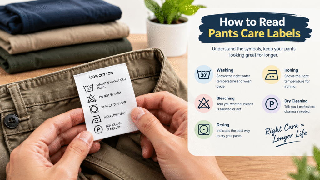 How to Read Pants Care Labels by understanding washing, drying, ironing, and dry-cleaning symbols on clothing labels.