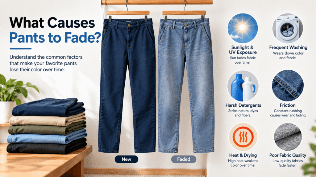 What causes pants to fade due to sunlight, washing, detergents, friction, and heat.