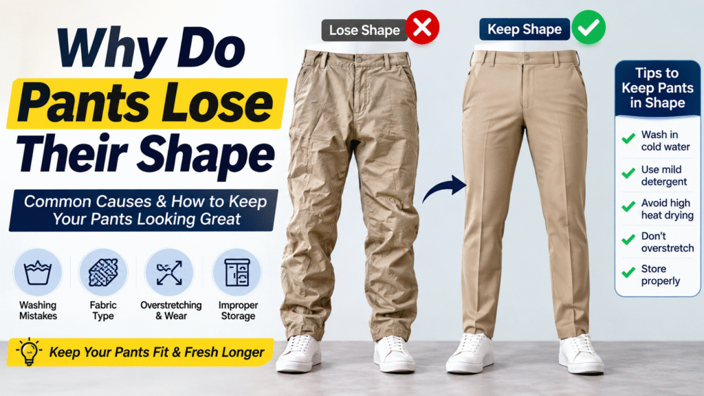Why do pants lose their shape due to washing, heat, overstretching, and improper storage