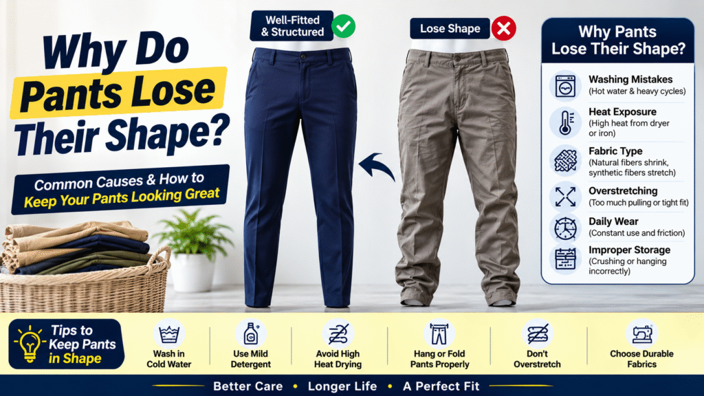 Why do pants lose their shape from washing, heat exposure, overstretching, daily wear, and improper storage
