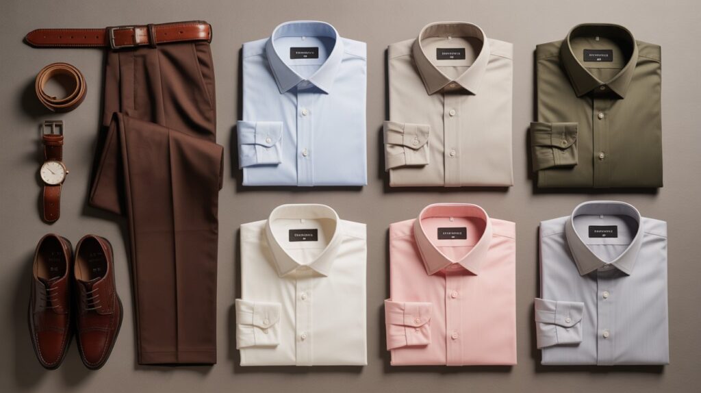 A stylish men’s fashion flat lay showing what color dress shirt with brown pants, featuring white, light blue, beige, pink, olive green, and grey shirts with matching accessories.