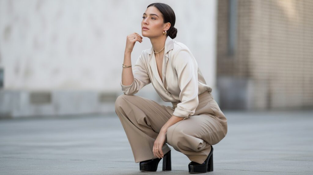 A stylish petite woman demonstrating how to style wide leg pants for petite body types with a tucked blouse and platform heels.