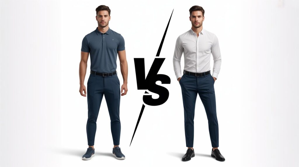 Full-body HD image comparing athletic fit vs slim fit pants, showing a man in athletic fit trousers next to a man in slim fit trousers for a clear style and fit contrast.