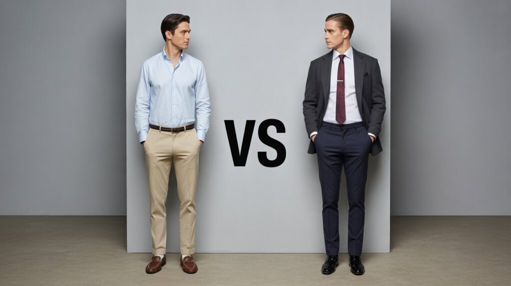 Full-body side-by-side comparison of chino pants vs dress pants outfits.