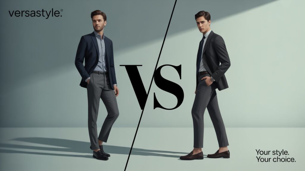 Two men modeling classic vs straight fit dress pants in a professional side-by-side comparison, showing style and fit differences for work culture.