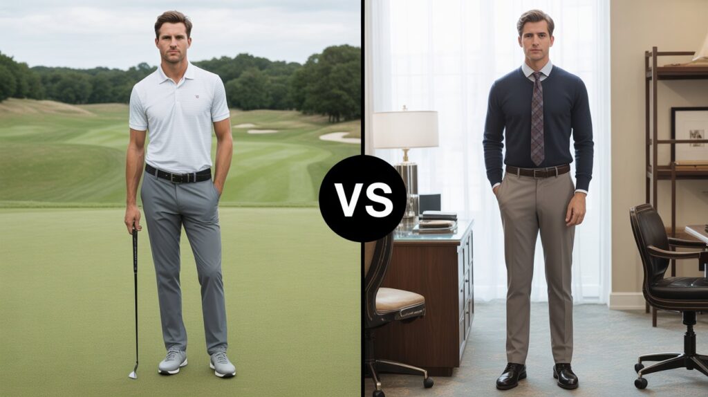 Golf pants vs dress pants side-by-side comparison showing sporty golf pants on the course and formal dress pants in an office environment.