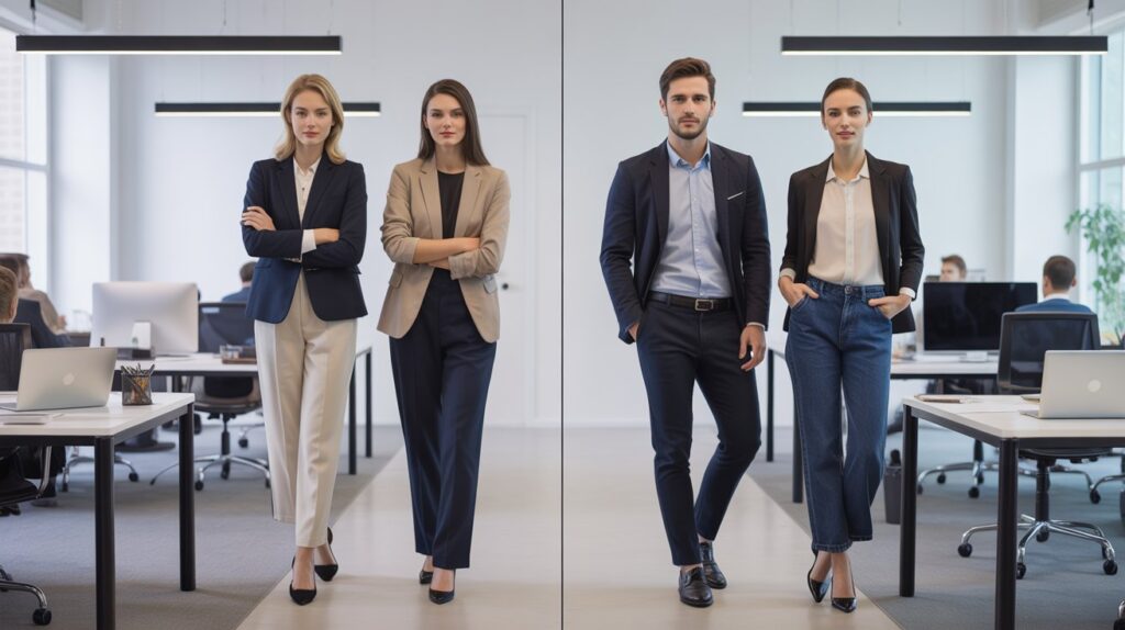 Professionals in a US office wearing jeans vs pants for work, showcasing the contrast between casual and formal workplace styles.