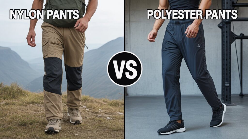 Side-by-side comparison of nylon vs polyester pants, with nylon pants styled for hiking and polyester pants styled for fitness.