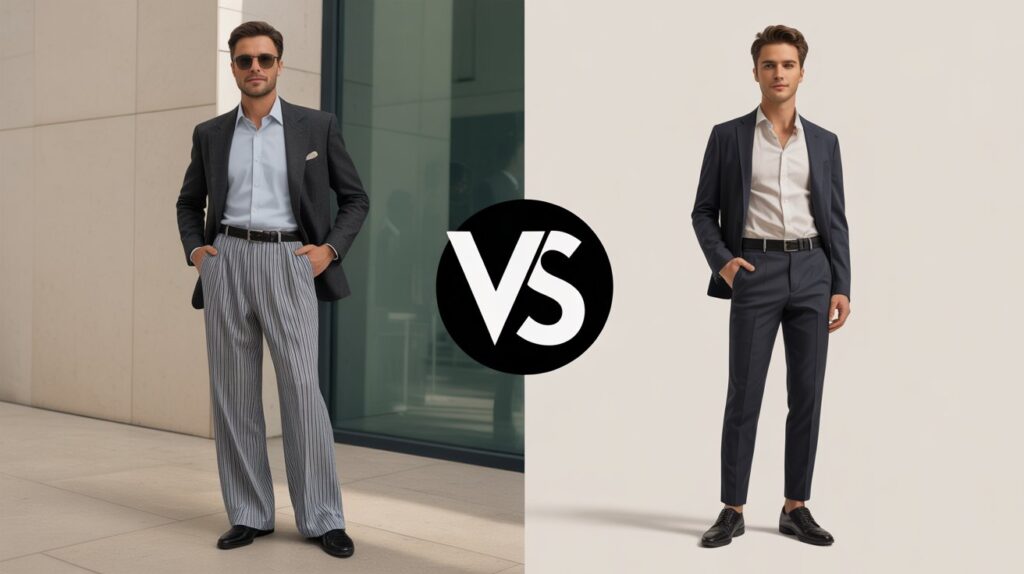Pleated pants vs flat-front pants men’s side-by-side full body comparison showing differences in style and fit.