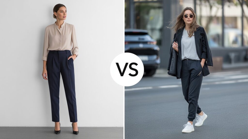 Slacks vs pants for women comparison, showing tailored slacks for professional settings and casual pants for everyday style.